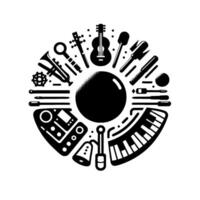 Black and white circular arrangement of various musical instruments and equipment surrounding a central sphere, creating a rhythmic and harmonic visual. vector