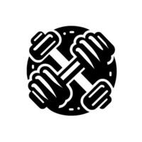 A stylized, blackandwhite of hands holding dumbbells, arranged symmetrically within a circular frame, symbolizing fitness and teamwork. vector