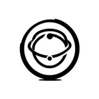A sleek, blackandwhite D depicts an atomic structure with orbiting spheres, set against a pure white background. vector