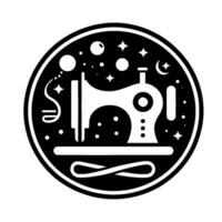 Whimsical Black and White Sewing Machine Emblem with Celestial Elements in a Circular Frame vector
