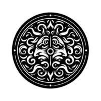 Intricate black and white circular emblem featuring stylized lion faces, floral elements, and ornate scrollwork within a decorative border. vector