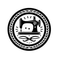 A circular emblem featuring a minimalist black and white of a vintage sewing machine with decorative elements, including a stylized arrow border, evoking craftsmanship and tailoring. vector