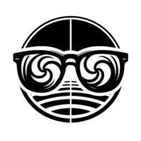 Stylized black and white of sunglasses with swirly reflections against a backdrop of horizontal and vertical lines, all within a circle. vector