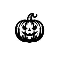 Stylized black and white pumpkin jackolantern illustration, featuring a carved face with triangular nose and a curved stem on a white background. vector