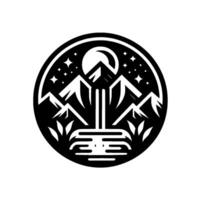 A monochromatic circular emblem depicting a mountain range at night, under a full moon and stars, with a stylized waterfall. vector