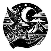 Symbolic Black and White Circular Composition Depicting a Hand Holding Chess Pieces, Mountains, Crescent Moon, and a Flying Eagle Under a Starry Sky. vector