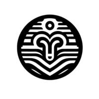 Minimalist Black and White Aries Zodiac Sign Symbol Inside a Circle with Horizontal Lines and a Shadow. vector