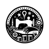 Artistic black and white circular illustration featuring a sewing machine, scissors, thread spools, and other crafting elements, representing the art of tailoring. vector