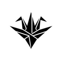 A symmetrical, minimalist black origami crane composed of sharp geometric shapes, set against a textured white backdrop. vector