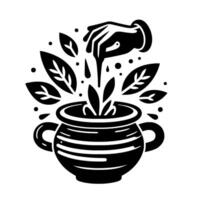 Black and white illustration of a hand pouring into a cauldron with leaves, creating a mystical potion, minimalistic . vector