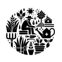 A Circular Garden Scene Farmer Watering Plants with Watering Can, Surrounded by Tools, Houses, and Natures Elements in a Minimalist Style vector