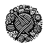 A black and white illustration of a circular arrangement featuring a ball of yarn, knitting needles, and various yarnrelated elements, conveying craft and hobby themes. vector
