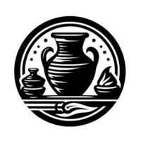 Circular Emblem Stylized Black and White Depiction of Pottery, Including a Large Vase, Smaller Pots, and a Brush Stroke, Symbolizing Artistic Craftsmanship. vector