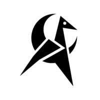 Geometric black bird silhouette with a crescent moon background on a white canvas, modern and minimalist. vector