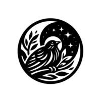 Serene Night Bird Intricate black and white illustration of a bird nestled in foliage within a crescent moon, surrounded by stars, in a circular frame. vector