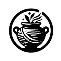 A Stylized Black White Illustration of a Pottery Vase, Embellished with Leaves and Enclosed Within a Circular Frame. vector