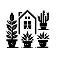 Minimalist Black and White of a House Surrounded by Potted Plants, Evoking Cozy Interior Nature vector