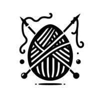 A stylized black and white depicting a yarn ball intersected by knitting needles, whimsical swirls, and scattered dots. vector