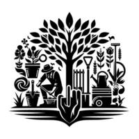 Black and white garden scene illustration with gardener, tools, plants, tree, and a stylized hand, creating a lush visual experience. vector