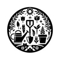 A Circular, Minimalist Illustration of Gardening Tools, Flora, and a Watering Can, Set Against a White Backdrop. vector