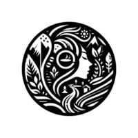 A circular black and white depicting a womans silhouette intertwined with a nature scene, featuring mountains, trees, a road, and a house. vector