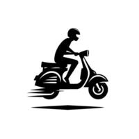 Silhouette of a person riding a vintage scooter with speed lines, a helmet, and a minimalist on a stark white background, perfect for logos. vector