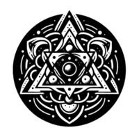 Intricate Black and White Geometric Mandala Featuring a Star of David, Dot Patterns, and Circular Symmetry. vector