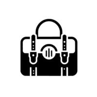 Flat, black and white illustration of a briefcase with handle and buckle details on a white background, minimalist style. vector
