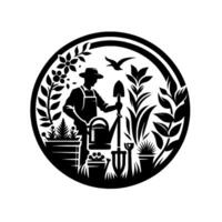Silhouette Garden Scene Gardener Amidst Flora Fauna Within a Circular Frame with Tools, Plants, and a Bird. vector