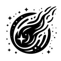 A Stylized Black and White Comet Streaking Through a Celestial Sphere with Starry Dust and Flare Elements. vector