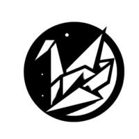 Geometric origami crane in a black circular frame, with a stark minimalist aesthetic and subtle dot details. vector
