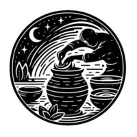 A potter working under a starlit, crescentmoon sky, shaping a clay vessel on a wheel surrounded by other pottery in a circular emblem. vector