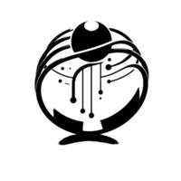 Stylized black and white ring with sphere and interconnected lines, representing technology and data. vector