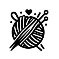 A illustration of a yarn ball with knitting needles, a heart, and dots, in a monochromatic, minimalist style. vector