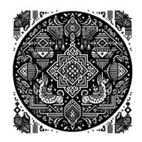 Ornate black and white symmetrical featuring geometric patterns, birds, lanterns, and intricate details within a circular frame. vector