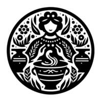 Black and white circular illustration of a woman embracing a steaming pot, adorned with floral elements and vases. vector