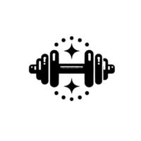 Stylized Black Dumbbell with Starburst and Dots, Minimalist Gym on White Background. vector