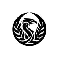 A stylized black dragon emblem within a circular frame, encircled by laurel leaves, on a stark white background, capturing power and elegance. vector