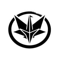A minimalist black and white featuring an origami crane and starburst within a circular frame, set against a white background with subtle shading and texture. vector