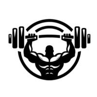 Monochromatic Bodybuilder Silhouette of Muscular Figure Lifting a Barbell within Circular Frame, Emblem . vector