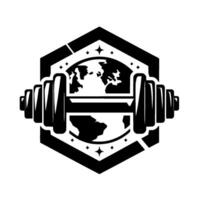 Black and White World Fitness Dumbbell Overlaying Globe in Hexagonal Frame with Stars. vector