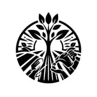 Symbolic Black and White Illustration of Gardening, Representing Growth, Nurturing, and Harmony in a Circular Frame. vector