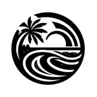 Stylized circular Black silhouette of palm tree, ocean waves, and a cloud over a beach. vector