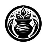 Stylized Black and White Emblem Featuring a Plant in a Decorative Vessel, Surrounded by Abstract, Circular Elements. vector