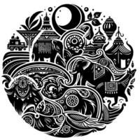 Intricate Black and White Circular Illustration of Elephants, Horses, and Festive Elements with Ornamental Details Under a Crescent Moon. vector