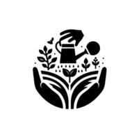 Handheld Garden A minimalist black and white illustration portraying nurturing growth, with hands cradling sprouting plants and a watering can overhead. vector