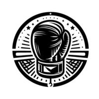 Intricate, minimalist black and white of a boxing glove within a circle, showcasing bold lines and geometric patterns, and a star motif. vector