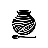 A minimalist black and white illustration of a decorative patterned jar and a spoon, set against a plain white background, evoking a sense of simplicity. vector
