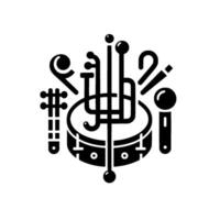 A stylized black and white featuring a central drum surrounded by musical instruments, symbolizing music. vector