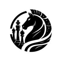 A stylized, monochromatic, circular featuring a chess knight and pieces, representing strategy and competition. vector